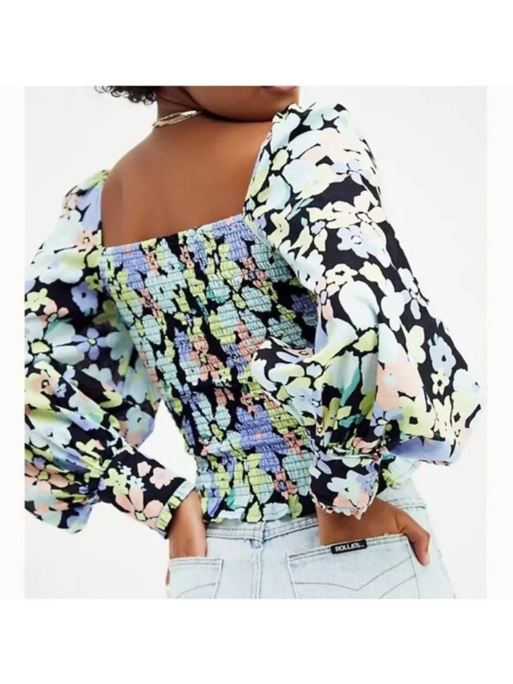Ariana Floral Puff Sleeve Smocked Square Neck Blouse Ruched